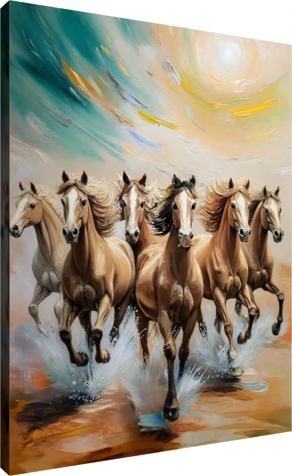 Textured portrait painting of seven golden-brown horses galloping forward through splashing water under a bright sun. | PrintPosters.in