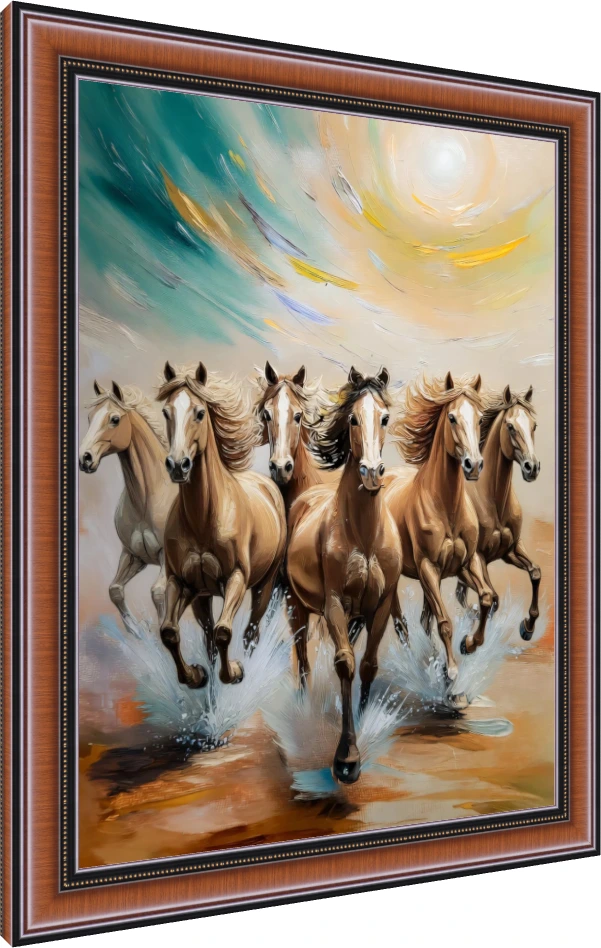 Textured portrait painting of seven golden-brown horses galloping forward through splashing water under a bright sun. — photo frame preview | PrintPosters.in