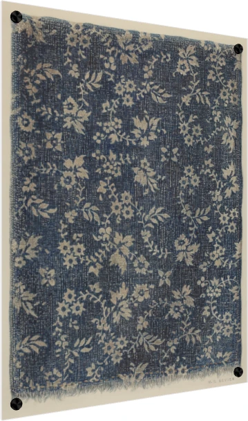 A vintage indigo blue fabric pattern artwork featuring beige floral vines and frayed edges. — acrylic preview | PrintPosters.in