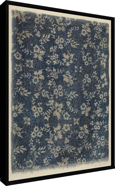 A vintage indigo blue fabric pattern artwork featuring beige floral vines and frayed edges. — floater frame preview | PrintPosters.in