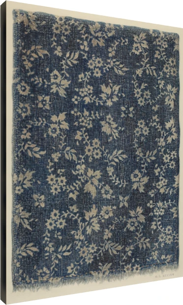 A vintage indigo blue fabric pattern artwork featuring beige floral vines and frayed edges. | PrintPosters.in