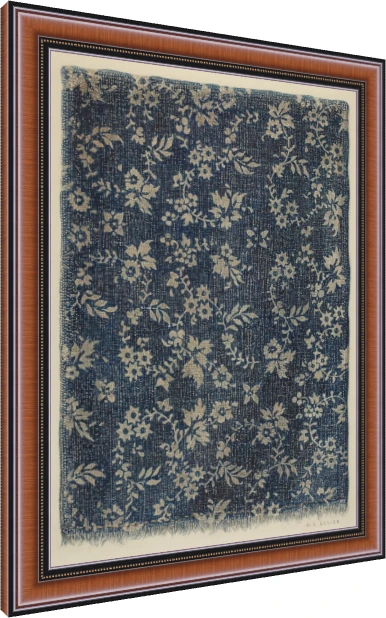 A vintage indigo blue fabric pattern artwork featuring beige floral vines and frayed edges. — photo frame preview | PrintPosters.in