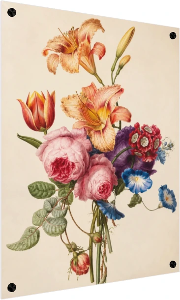Vintage botanical illustration featuring orange daylilies, lush pink cabbage roses, a red tulip, and blue morning glories. — acrylic preview | PrintPosters.in