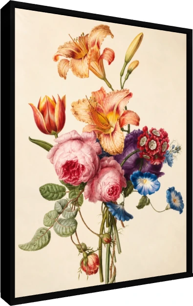 Vintage botanical illustration featuring orange daylilies, lush pink cabbage roses, a red tulip, and blue morning glories. — floater frame preview | PrintPosters.in
