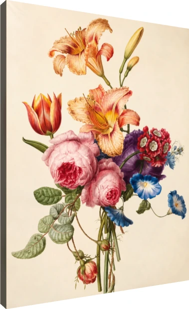 Vintage botanical illustration featuring orange daylilies, lush pink cabbage roses, a red tulip, and blue morning glories. | PrintPosters.in