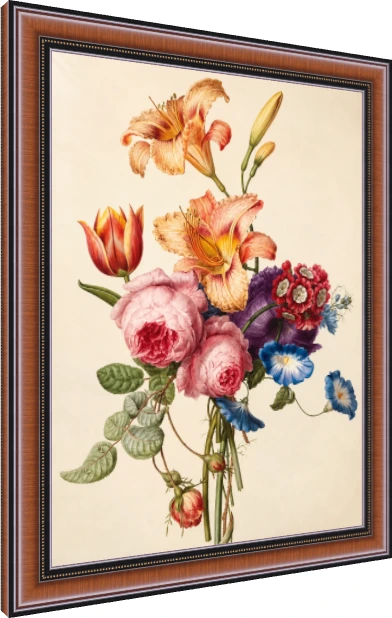 Vintage botanical illustration featuring orange daylilies, lush pink cabbage roses, a red tulip, and blue morning glories. — photo frame preview | PrintPosters.in