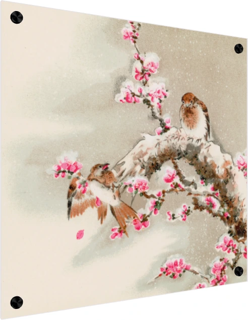 Japanese style painting of two small birds resting on a snowy tree branch filled with vibrant pink plum blossoms. — acrylic preview | PrintPosters.in