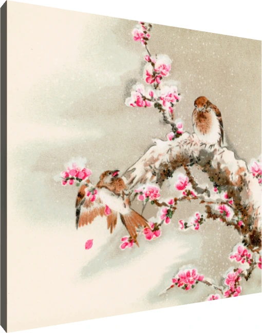 Japanese style painting of two small birds resting on a snowy tree branch filled with vibrant pink plum blossoms. | PrintPosters.in