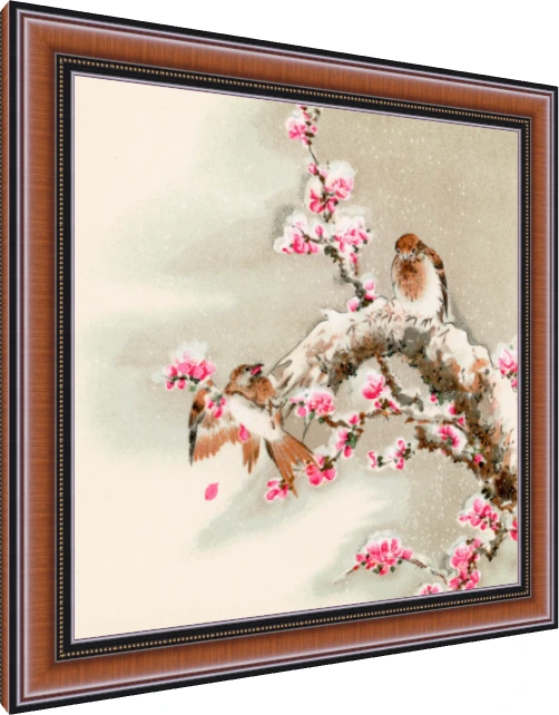 Japanese style painting of two small birds resting on a snowy tree branch filled with vibrant pink plum blossoms. — photo frame preview | PrintPosters.in