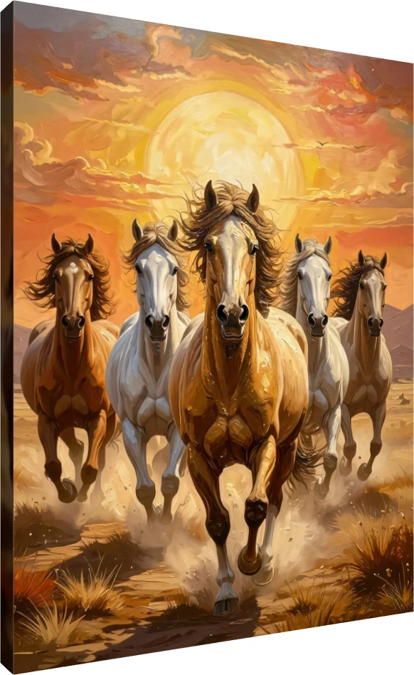 A powerful digital painting of five majestic horses galloping forward under a giant golden sun. | PrintPosters.in