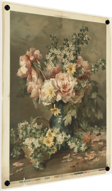 Vintage watercolor painting of pink peonies and yellow daisies in a dark teal vase with scattered petals. — acrylic preview | PrintPosters.in
