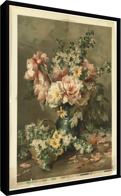 Vintage watercolor painting of pink peonies and yellow daisies in a dark teal vase with scattered petals. — floater frame preview | PrintPosters.in