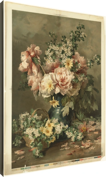Vintage watercolor painting of pink peonies and yellow daisies in a dark teal vase with scattered petals. | PrintPosters.in
