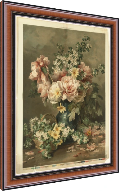 Vintage watercolor painting of pink peonies and yellow daisies in a dark teal vase with scattered petals. — photo frame preview | PrintPosters.in