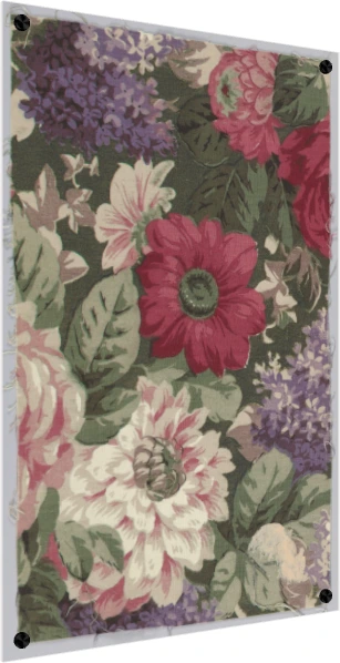 Vintage botanical chintz textile pattern featuring crimson dahlias, lavender lilacs, and pink roses on dark green foliage. — acrylic preview | PrintPosters.in