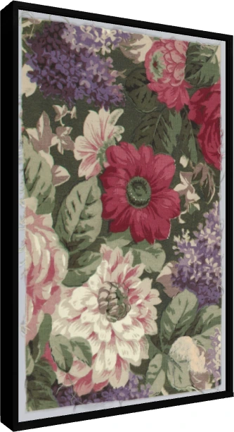 Vintage botanical chintz textile pattern featuring crimson dahlias, lavender lilacs, and pink roses on dark green foliage. — floater frame preview | PrintPosters.in