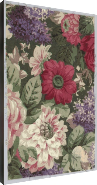 Vintage botanical chintz textile pattern featuring crimson dahlias, lavender lilacs, and pink roses on dark green foliage. | PrintPosters.in