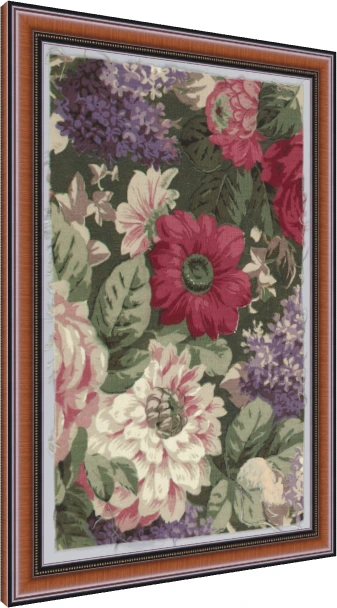 Vintage botanical chintz textile pattern featuring crimson dahlias, lavender lilacs, and pink roses on dark green foliage. — photo frame preview | PrintPosters.in