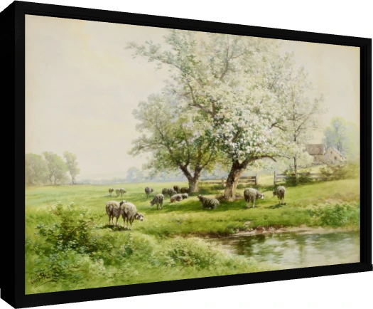 Pastoral watercolor painting of sheep grazing in a green spring meadow beside a stream and blossoming white tree. — floater frame preview | PrintPosters.in