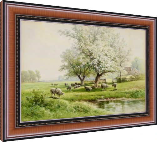 Pastoral watercolor painting of sheep grazing in a green spring meadow beside a stream and blossoming white tree. — photo frame preview | PrintPosters.in