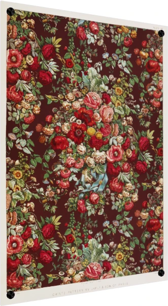 Victorian red floral chintz pattern featuring red roses, poppies, green leaves, and blue ribbon on maroon ground. — acrylic preview | PrintPosters.in