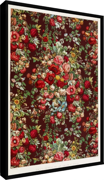 Victorian red floral chintz pattern featuring red roses, poppies, green leaves, and blue ribbon on maroon ground. — floater frame preview | PrintPosters.in