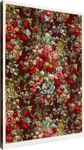 Victorian red floral chintz pattern featuring red roses, poppies, green leaves, and blue ribbon on maroon ground. | PrintPosters.in