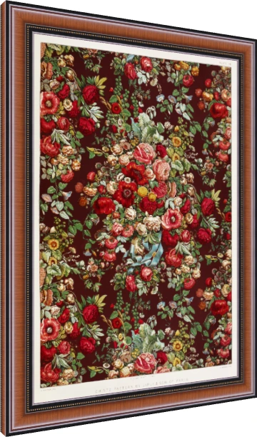 Victorian red floral chintz pattern featuring red roses, poppies, green leaves, and blue ribbon on maroon ground. — photo frame preview | PrintPosters.in