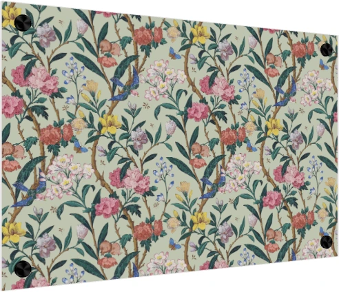 Vintage Chinoiserie floral pattern artwork featuring pink peonies, yellow flowers, bluebirds, and butterflies on sage green. — acrylic preview | PrintPosters.in