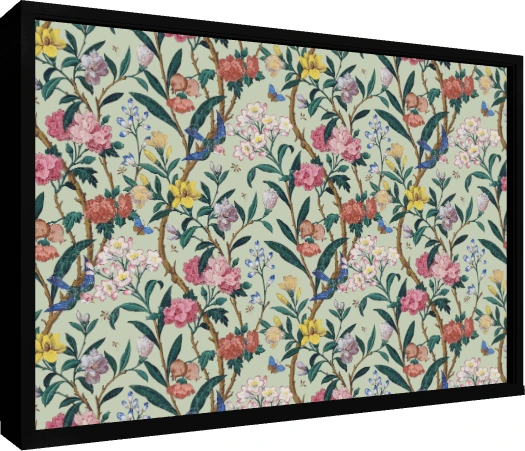 Vintage Chinoiserie floral pattern artwork featuring pink peonies, yellow flowers, bluebirds, and butterflies on sage green. — floater frame preview | PrintPosters.in