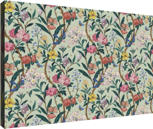 Vintage Chinoiserie floral pattern artwork featuring pink peonies, yellow flowers, bluebirds, and butterflies on sage green. | PrintPosters.in