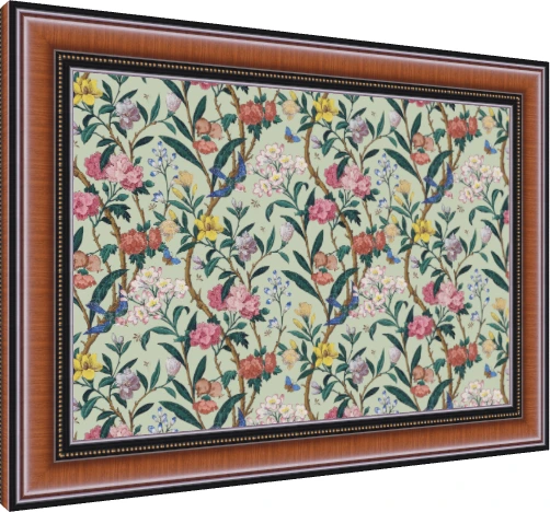Vintage Chinoiserie floral pattern artwork featuring pink peonies, yellow flowers, bluebirds, and butterflies on sage green. — photo frame preview | PrintPosters.in