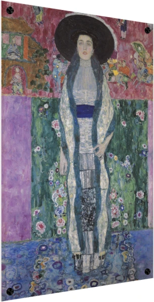 Full-length Art Nouveau portrait of a woman in a wide black hat, blue stole, and white dress by Gustav Klimt. — acrylic preview | PrintPosters.in