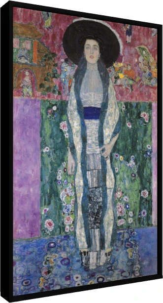 Full-length Art Nouveau portrait of a woman in a wide black hat, blue stole, and white dress by Gustav Klimt. — floater frame preview | PrintPosters.in
