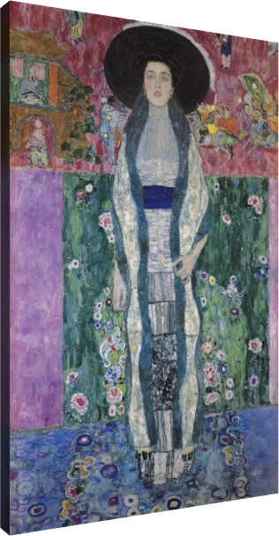 Full-length Art Nouveau portrait of a woman in a wide black hat, blue stole, and white dress by Gustav Klimt. | PrintPosters.in