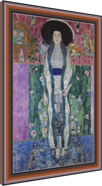 Full-length Art Nouveau portrait of a woman in a wide black hat, blue stole, and white dress by Gustav Klimt. — photo frame preview | PrintPosters.in