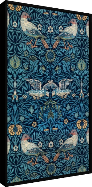 Intricate Arts and Crafts style navy blue woven pattern featuring stylized birds among leaves and small flowers. — floater frame preview | PrintPosters.in