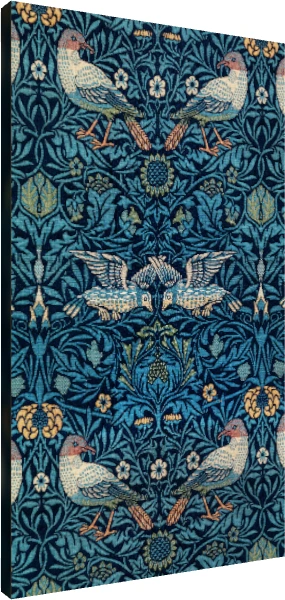 Intricate Arts and Crafts style navy blue woven pattern featuring stylized birds among leaves and small flowers. | PrintPosters.in