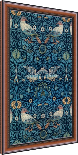 Intricate Arts and Crafts style navy blue woven pattern featuring stylized birds among leaves and small flowers. — photo frame preview | PrintPosters.in