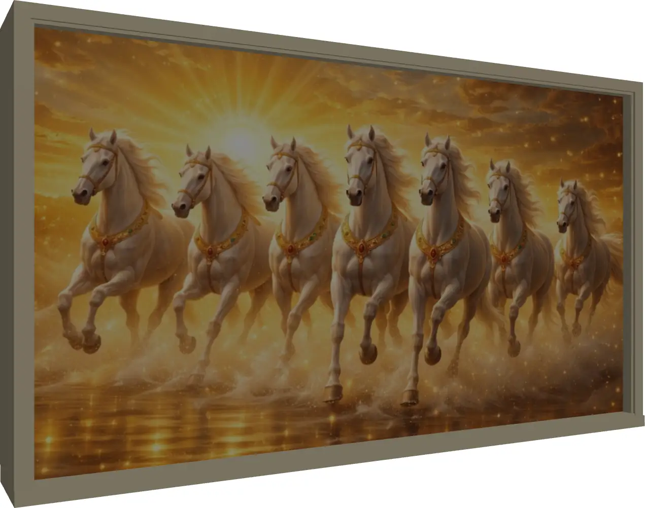 Lucky 7 White Horses Galloping Art — floater frame preview | PrintPosters.in