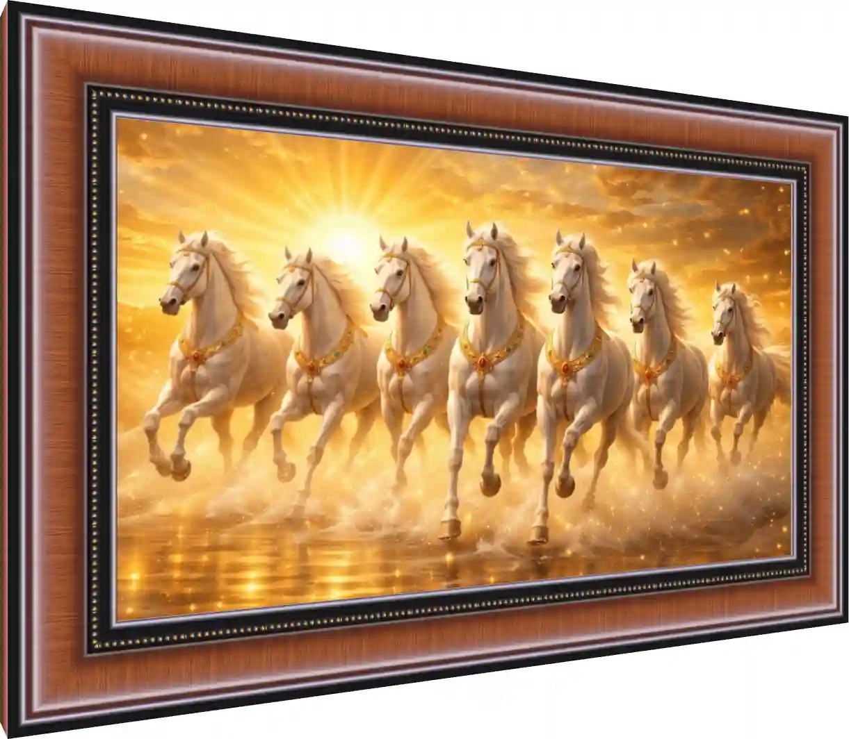 Lucky 7 White Horses Galloping Art — photo frame preview | PrintPosters.in