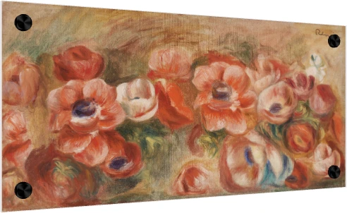 Impressionist painting of horizontal red and pink anemone flowers on a warm ochre canvas ground. — acrylic preview | PrintPosters.in