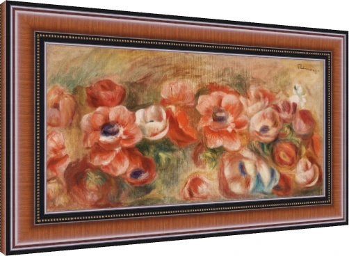Impressionist painting of horizontal red and pink anemone flowers on a warm ochre canvas ground. — photo frame preview | PrintPosters.in