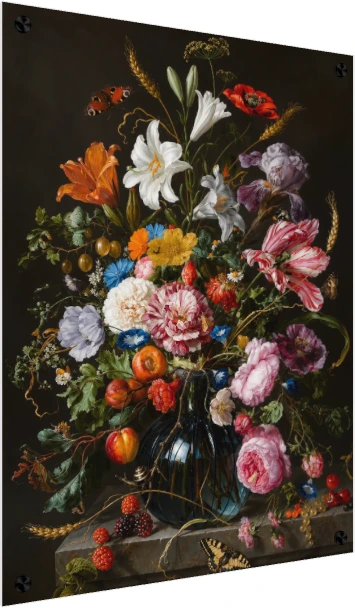 Classic Baroque painting of a lush floral bouquet with striped tulips and lilies in a glass vase on a dark background. — acrylic preview | PrintPosters.in