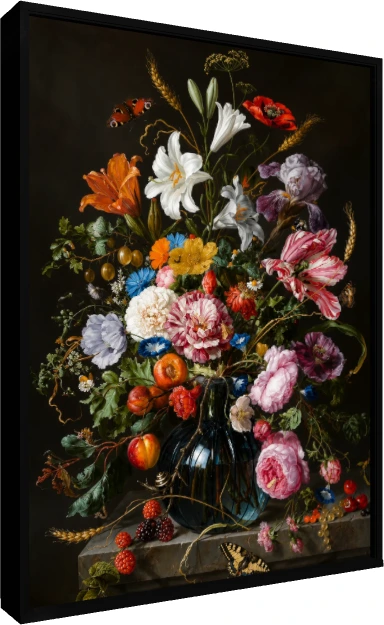Classic Baroque painting of a lush floral bouquet with striped tulips and lilies in a glass vase on a dark background. — floater frame preview | PrintPosters.in