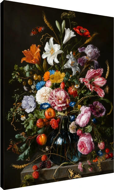 Classic Baroque painting of a lush floral bouquet with striped tulips and lilies in a glass vase on a dark background. | PrintPosters.in