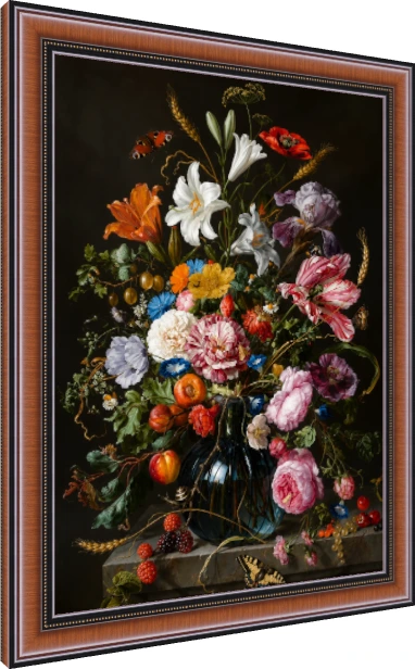 Classic Baroque painting of a lush floral bouquet with striped tulips and lilies in a glass vase on a dark background. — photo frame preview | PrintPosters.in