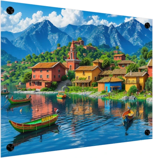 3D digital illustration of a vibrant Latin American lakeside village with colorful houses, boats, and blue mountains. — acrylic preview | PrintPosters.in