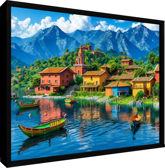 3D digital illustration of a vibrant Latin American lakeside village with colorful houses, boats, and blue mountains. — floater frame preview | PrintPosters.in