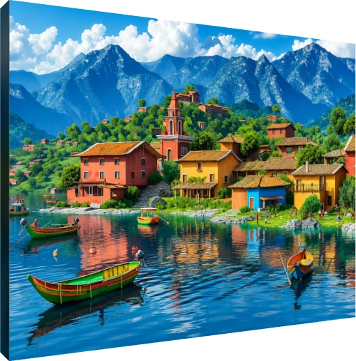 3D digital illustration of a vibrant Latin American lakeside village with colorful houses, boats, and blue mountains. | PrintPosters.in
